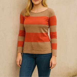 ✅ J.CREW Rugby Stripe Boatneck Top Shirt Orange Tan Top Sz XXS